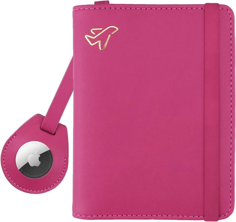 WALNEW AirTag Passport Holder, PU Leather Airtag Wallet RFID Blocking Passport Cover Travel Essentials Case for Women Men (Hot Pink) - Image 1